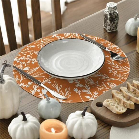 Orange Eucalyptus Leaves Round Fall Placemats Set of 4, 14 Inch Seasonal Autumn - Picture 3 of 7